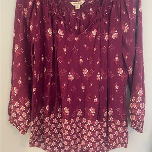 Lucky Brand Floral Burgundy Smocked Yoke Tie Top Blouse Boho Size Small